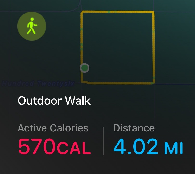 A fitness app screenshot displays details of an outdoor walk, including 570 active calories burned and a distance of 4.02 miles, with a square route shown on a map.